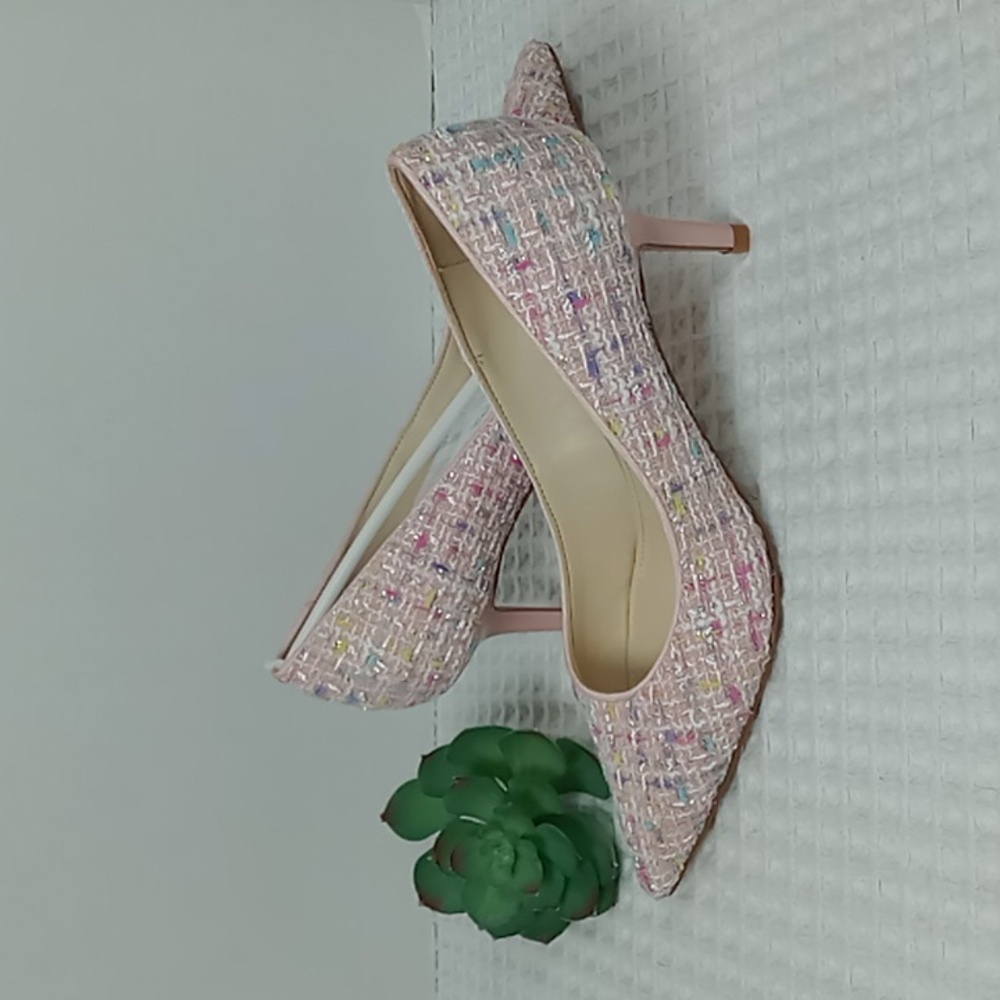 NWOT Nine West Arlene Pointed Toe Tweed Kitten Heel Pumps Size 6 Pink/White/Blue - Picture 12 of 12